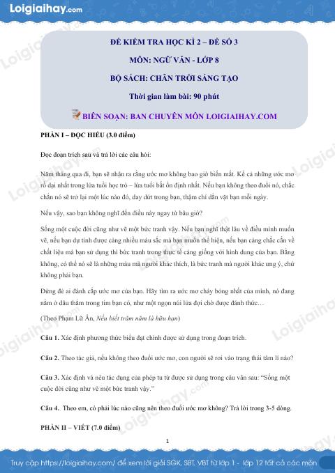 Đề thi học kì 2 Văn 8 Chân trời sáng tạo - Đề số 3
